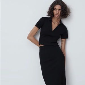 Black Zara set. Cropped V neck top and midi skirt.